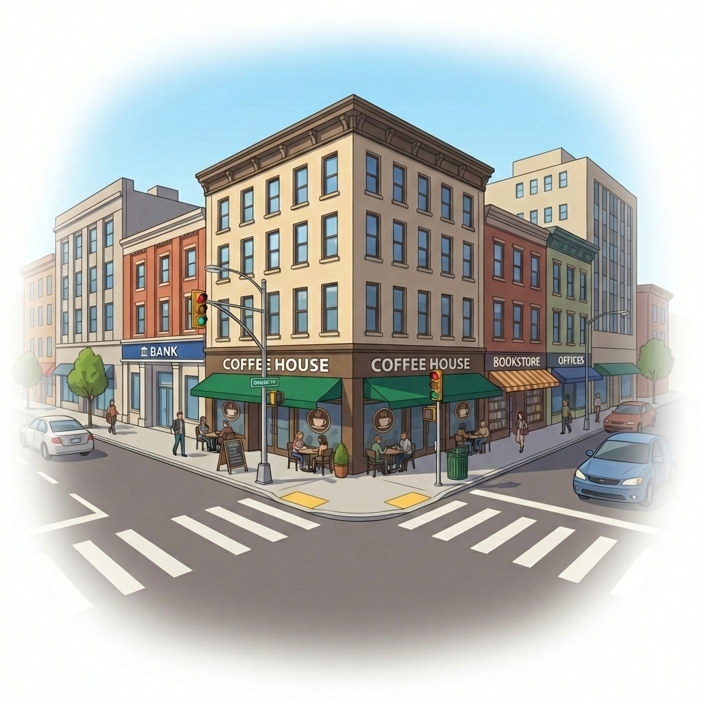 Animation drawn picture of a city intersection focusing mulitple small businesses